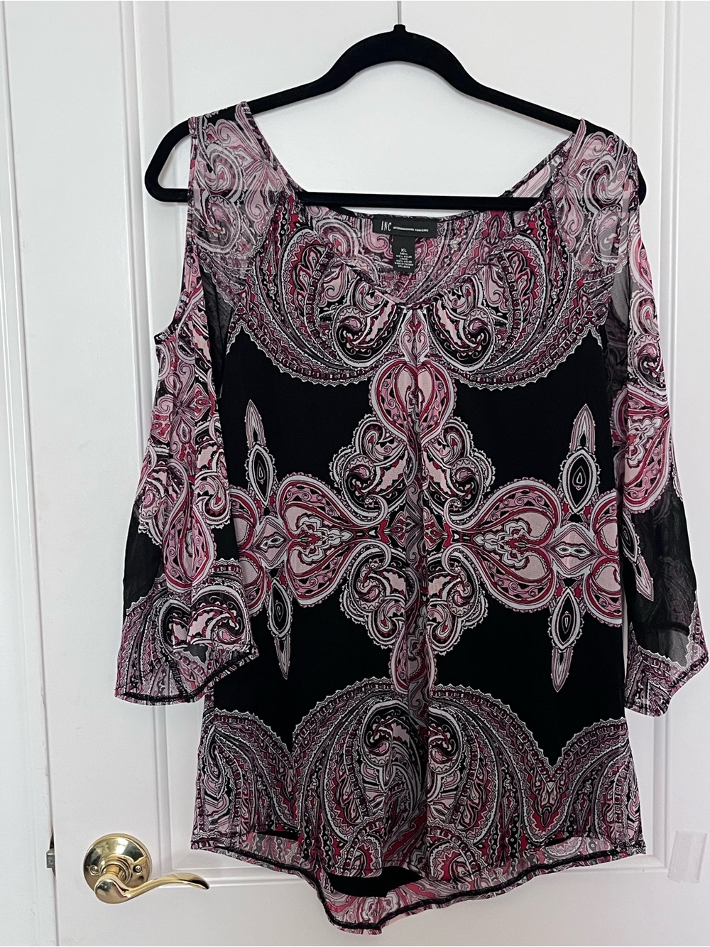 INC International Concepts Black and Pink Paisley Cold-Shoulder Blouse